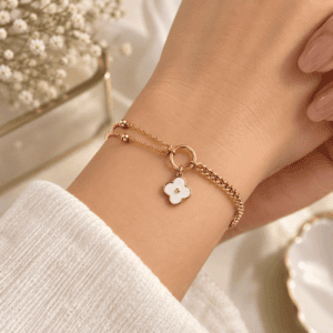 Zivishq Anti tarnish gold plated White Clover Charm Double Chain Bracelet for Women - Anti Tarnish Stainless Steel Delicate Wristband