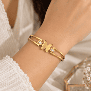 Zivishq Anti tarnish gold plated Frosted Butterfly Rigid Bangle Bracelet with Baguette Crystals - Anti Tarnish Stainless Steel Wristband