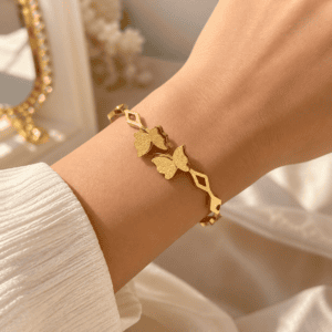 Zivishq Anti tarnish gold plated Twin Frosted Butterfly Openwork Rigid Bangle Bracelet - Anti Tarnish Stainless Steel Hinged Wristband