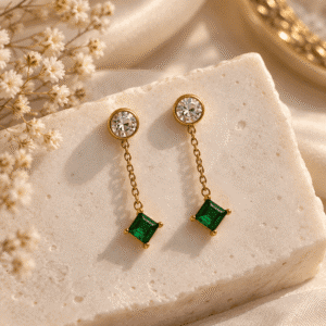 Zivishq Anti Tarnish Emerald Green Square Crystal Gold Chain Drop Earrings