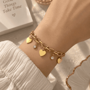 Zivishq Anti tarnish gold plated Double Layered Heart & Crystal Charm Bracelet for Women - Anti Tarnish Stainless Steel Waterproof Chain Jewellery