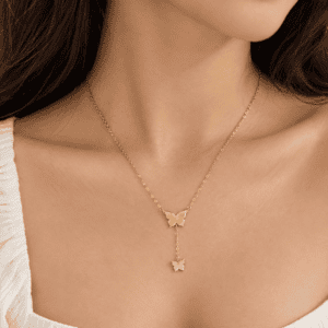 Zivishq anti-tarnish stainless steel Dual Butterfly Y-Lariat Drop Chain Necklace