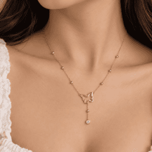 Zivishq anti-tarnish stainless steel Hollow Butterfly Beaded Y-Lariat Drop CZ Necklace