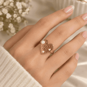 Zivishq Anti Tarnish Textured Gold Heart & Pearl Adjustable Ring