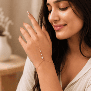 Zivishq Anti-Tarnish Gold Trio Princess-Cut Crystal Hathphool Hand Harness Bracelet
