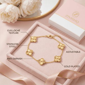 Zivishq Anti-Tarnish Gold Textured Four-Leaf Clover Motif Charm Bracelet