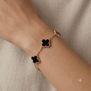Zivishq Anti-Tarnish Gold & Black Onyx Style Four-Leaf Clover Station Charm Bracelet