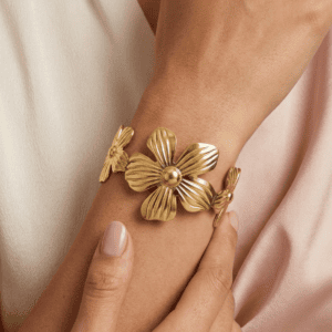 Zivishq Anti-Tarnish Gold Sculpted Floral Open Cuff Bangle Bracelet