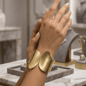 Zivishq Anti-Tarnish Gold Hammered Texture Wide Wave Hinged Cuff Bracelet