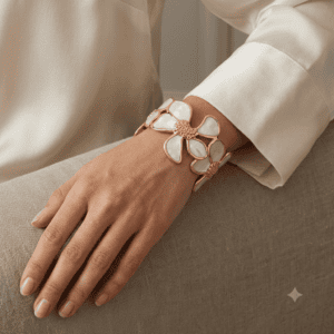 Zivishq Anti-Tarnish Gold & White Flower Open Cuff Bracelet