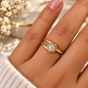 Zivishq anti-tarnish stainless steel Bezel Set Round Solitaire Split Band Ring