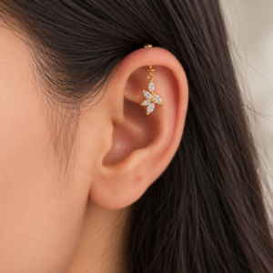 Zivishq Anti-Tarnish 18K Gold Plated CZ Floral Dangle Vertical Helix Piercing Stud Earring for Women