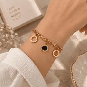 Zivishq Anti tarnish gold plated Roman Numeral Ring & Black Medallion Charm Bracelet - Anti Tarnish Stainless Steel Dual Layer Chain for Women