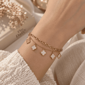 Zivishq Anti tarnish gold plated Multi-Clover White Enamel & Outline Charm Double Layer Bracelet - Anti Tarnish Stainless Steel Jewelry