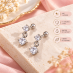 Zivishq Anti-Tarnish Silver CZ Double Stone Dangle Screw Back Piercing Stud Earrings for Women & Girls