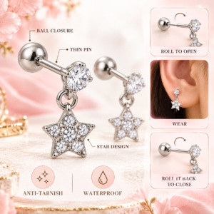 Zivishq Anti-Tarnish Silver CZ Celestial Star Dangle Screw Back Piercing Stud Earrings for Women & Girls