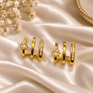 Zivishq Anti Tarnish Triple Band CZ Solitaire Gold Cuff Hoop Earring