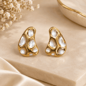 Zivishq Anti Tarnish Abstract Organic Pearl Inlay Gold Stud Earring
