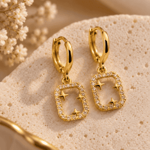 Zivishq Anti Tarnish Gold Plated Celestial Star Rectangular Hoop Charm Earrings