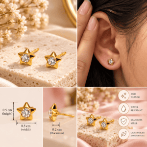 Zivishq Anti-Tarnish Gold Celestial Star Bezel Solitaire Crystal Stud Earrings