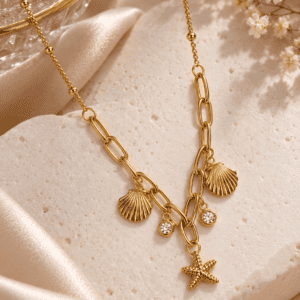 Zivishq anti-tarnish stainless steel Seashell & Starfish Charm Layered Chain Necklace