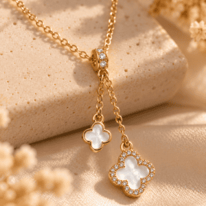 Zivishq anti-tarnish stainless steel Double Four-Leaf Clover Mother of Pearl Y-Lariat Drop Necklace