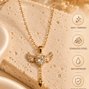 Zivishq anti-tarnish stainless steel Angel Wings Cubic Zirconia Heart Drop Necklace