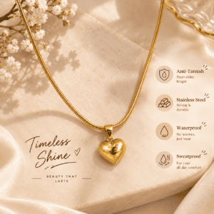 Zivishq anti-tarnish stainless steel Puffy Heart Pendant Gold Snake Chain Necklace