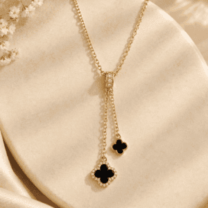 Zivishq anti-tarnish stainless steel Double Black Onyx Clover Y-Lariat Drop CZ Necklace