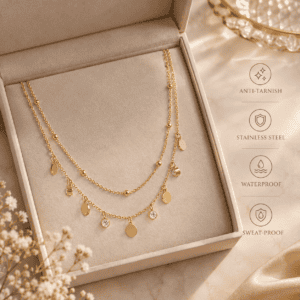 Zivishq anti-tarnish stainless steel Layered Gold Disc & Crystal Charm Chain Necklace