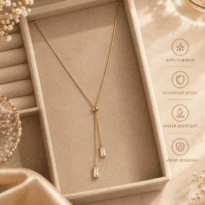 Zivishq anti-tarnish stainless steel Adjustable Clear Baguette CZ Y-Lariat Snake Chain Necklace