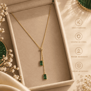 Zivishq anti-tarnish stainless steel Adjustable Emerald Green Baguette CZ Y-Lariat Snake Chain Necklace