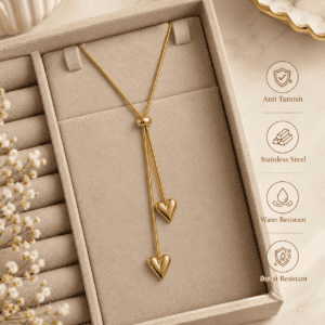 Zivishq anti-tarnish stainless steel Adjustable Double Sculpted Heart Y-Lariat Snake Chain Necklace