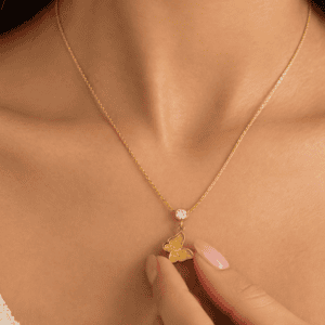 Zivishq anti-tarnish stainless steel Textured Gold Butterfly Pendant Solitaire CZ Necklace
