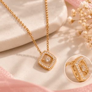 Zivishq Anti-Tarnish Gold Diamond-Shape Moving Stone Pendant Necklace for Women