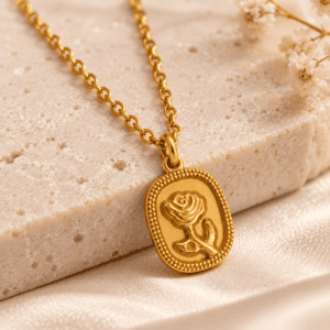 Zivishq Anti-Tarnish Gold Carved Rose Floral Oval Medallion Pendant Necklace