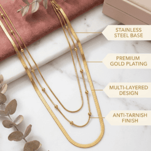 Zivishq Anti-Tarnish Gold Triple Layer Herringbone & Beaded Snake Chain Necklace