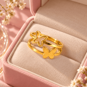 Zivishq anti-tarnish stainless steel Dual Butterfly Open Layered Band Ring