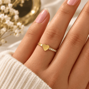 Zivishq anti-tarnish stainless steel Dainty Heart Charm Pave Zircon Half Eternity Ring