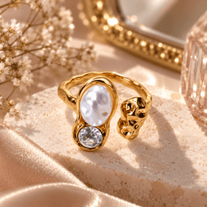 Zivishq Anti Tarnish Wide Gold Trio Oval Pearl Adjustable Band Ring