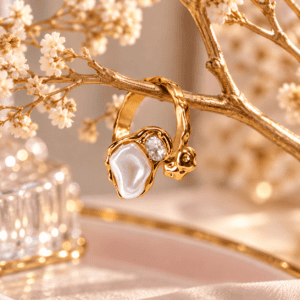 Zivishq Anti Tarnish Sculptural Gold Irregular Molten Pearl Accent Ring