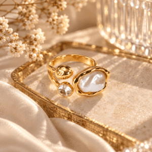 Zivishq Anti Tarnish Asymmetric Gold Baroque Pearl & Oval Crystal Bypass Ring