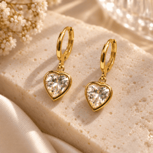 Zivishq Anti Tarnish Heart Solitaire CZ Crystal Dangle Gold Huggie Hoop Earrings