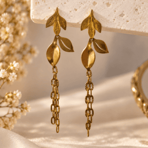Zivishq Anti Tarnish Botanical Gold Leaf Cluster Long Chain Earring with Chain