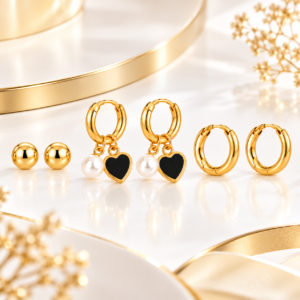 Zivishq Anti Tarnish Gold Plated Assorted Trio Set: Ball Studs, Heart Pearl Hoops & Plain Huggies