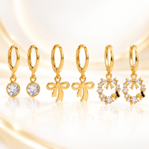 Zivishq Anti Tarnish Gold Plated Assorted Charm Huggie Hoop Earrings Set (Solitaire, Bow, Wreath)