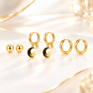 Zivishq Anti Tarnish Gold Plated Assorted Trio Set: Ball Studs, Moon Star Hoops & Plain Huggies