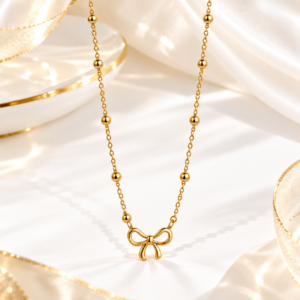 Zivishq anti-tarnish stainless steel Dainty Ribbon Bow Beaded Chain Necklace