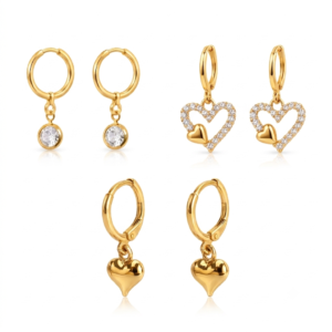 Zivishq Anti Tarnish Gold Plated Assorted Charm Huggie Hoop Earrings Set (Solitaire, Pave Heart, Solid Heart)